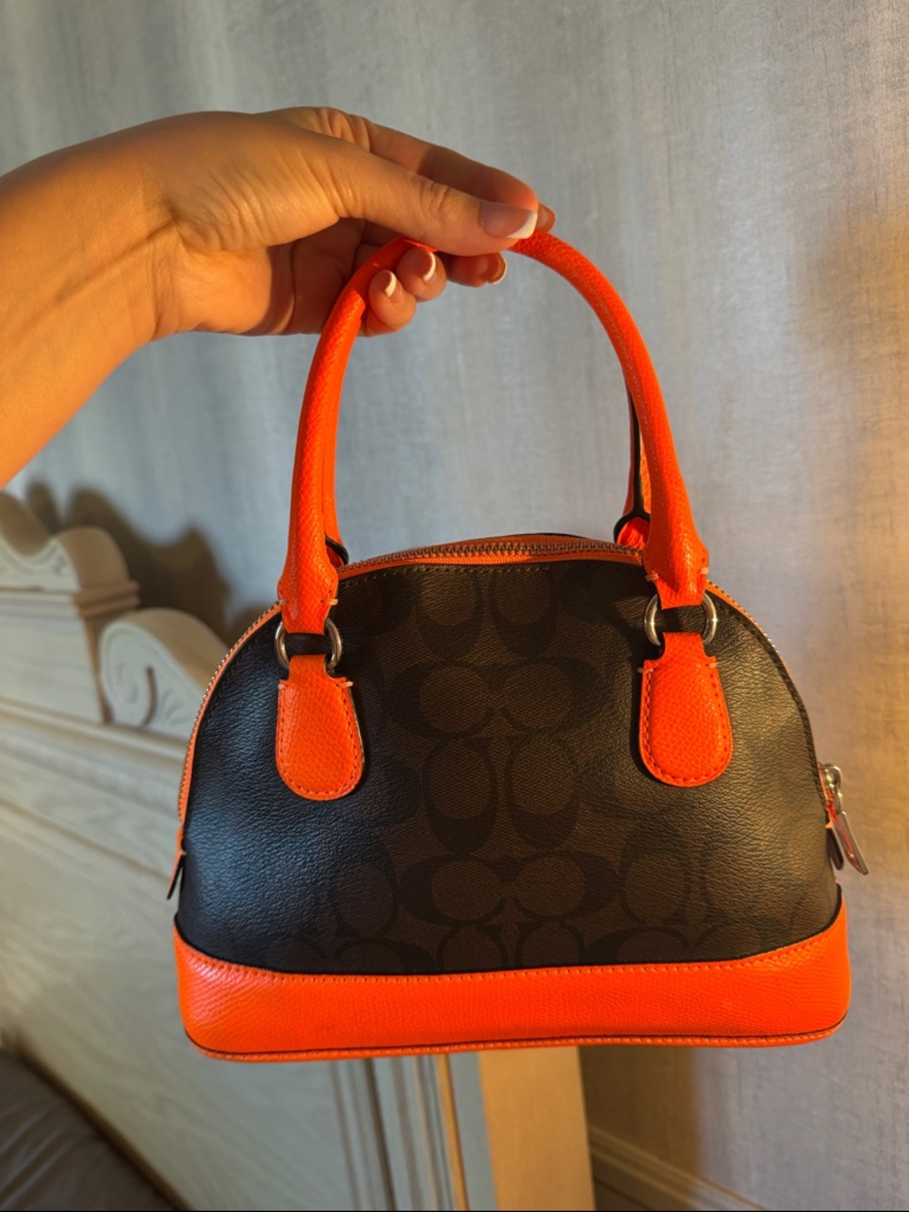 Coach Black Signature Dome Satchel with Bright Orange Trim - Picture 5 of 8
